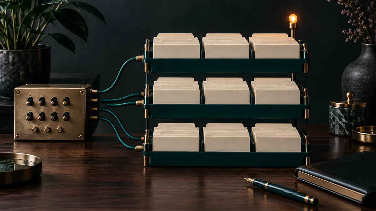 A switchboard connected to three organized tiers of work cards and an exception light, illustrating calm operational control.